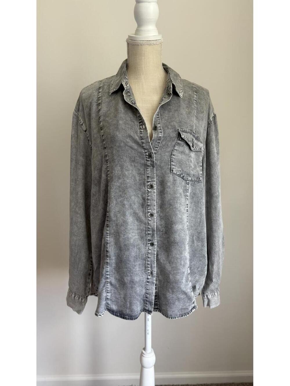 Soft Gray Mineral Wash Long Sleeve Button-Up Shirt